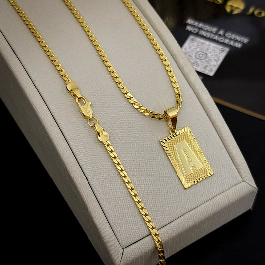 Corrente Grumet Flat 3mm e Pingente Letra Banhado a Ouro 18K