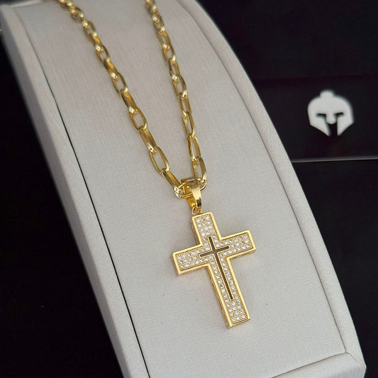 Corrente Meia Cana 4mm e Pingente Crucifixo Cravejado Banhado a Ouro 18K