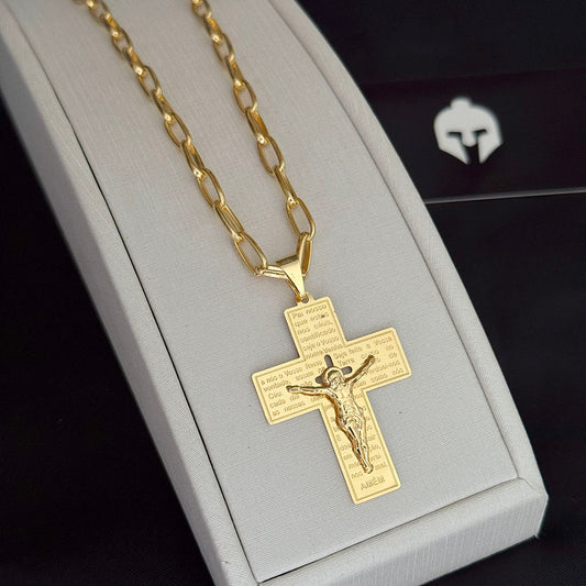 Corrente Meia Cana 4mm e Pingente Crucifixo com Oração Banhado a Ouro 18K