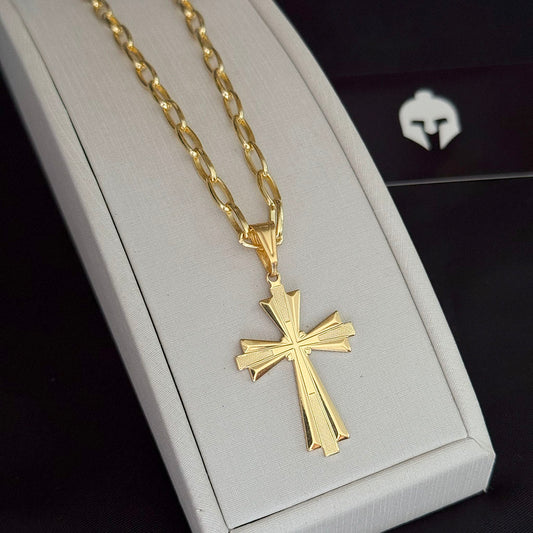 Corrente Meia Cana 4mm e Pingente Cruz Ponta Texturizada Banhado a Ouro 18K