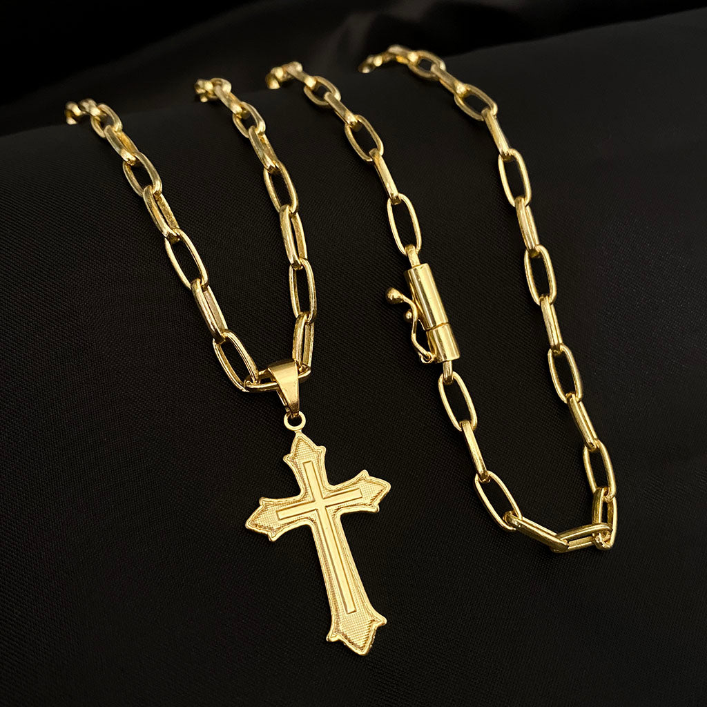 Corrente Meia Cana 4mm e Pingente Cruz Relevo Banhado a Ouro 18K