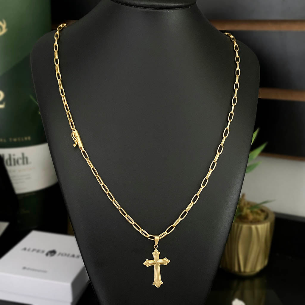 Corrente Meia Cana 4mm e Pingente Cruz Relevo Banhado a Ouro 18K