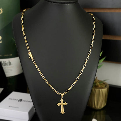 Corrente Meia Cana 4mm e Pingente Cruz Relevo Banhado a Ouro 18K