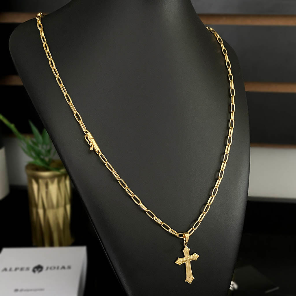 Corrente Meia Cana 4mm e Pingente Cruz Relevo Banhado a Ouro 18K