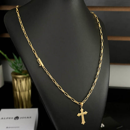 Corrente Meia Cana 4mm e Pingente Cruz Relevo Banhado a Ouro 18K