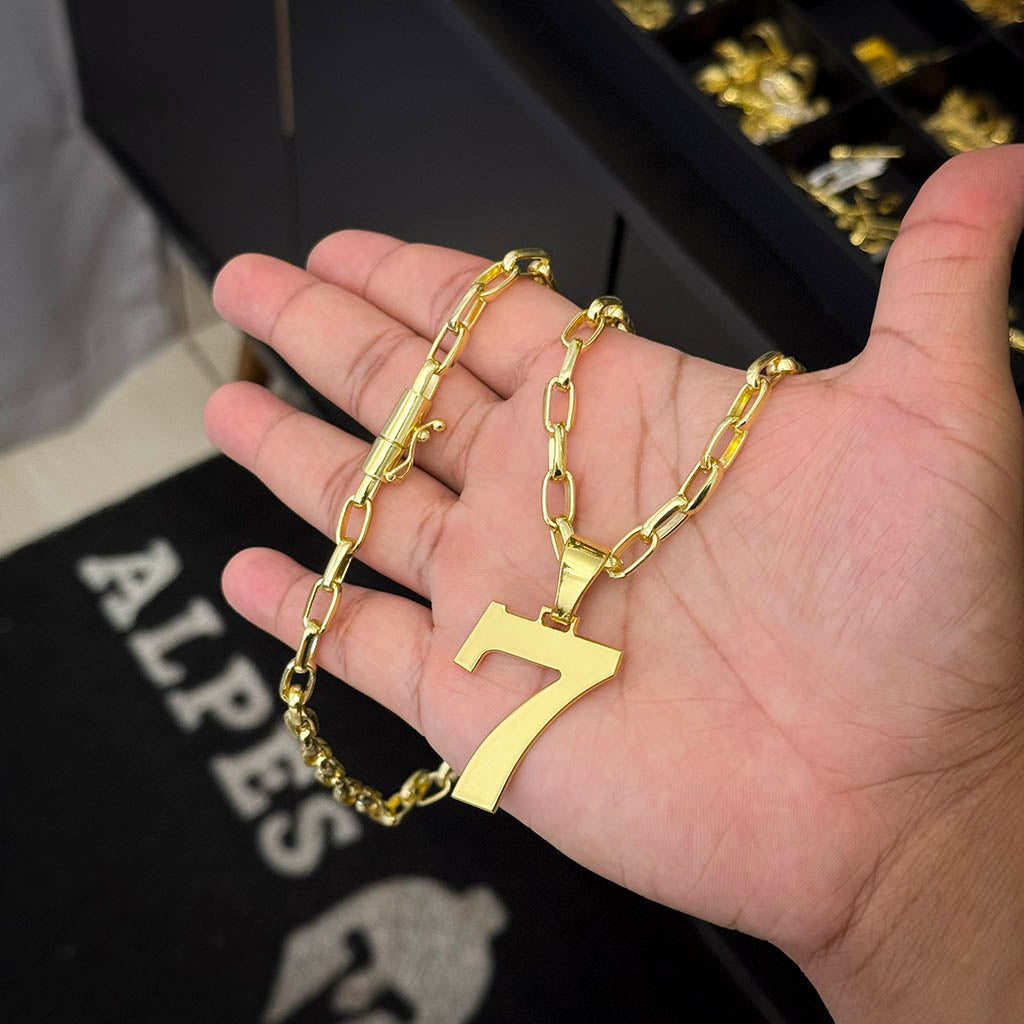 Corrente Meia Cana 6mm e Pingente 7 Banhado a Ouro 18K
