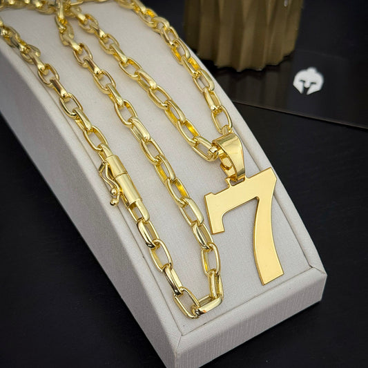 Corrente Meia Cana 6mm e Pingente 7 Banhado a Ouro 18K