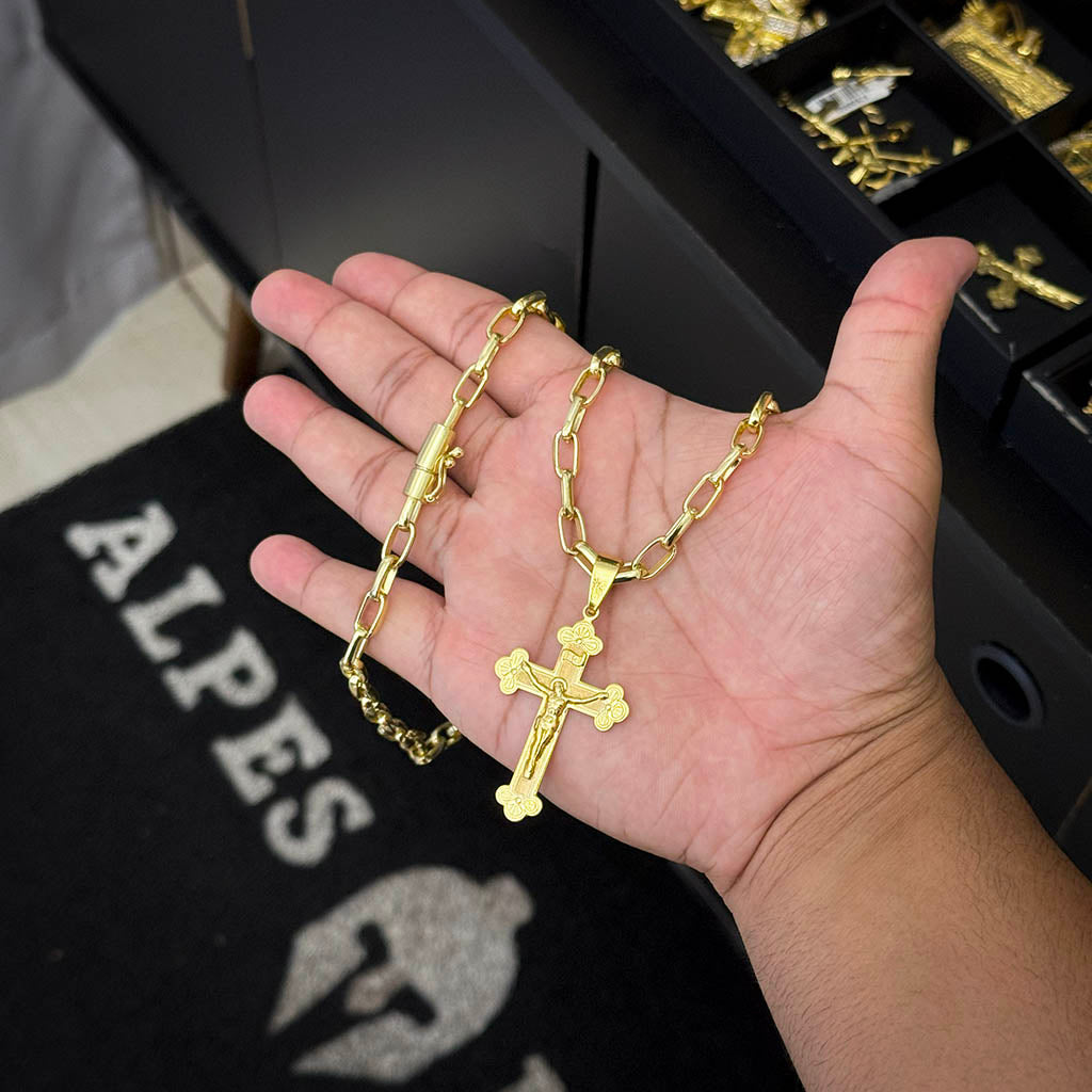 Corrente Meia Cana 6mm e Pingente Crucifixo Banhado a Ouro 18K