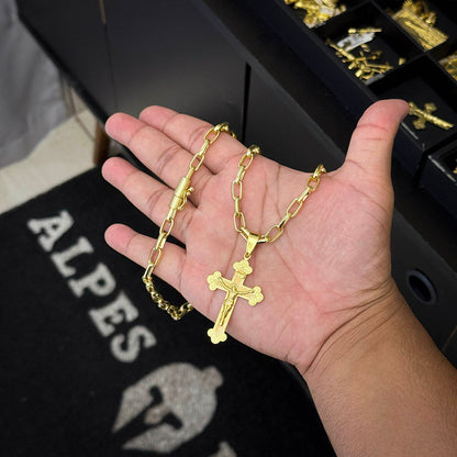 Corrente Meia Cana 6mm e Pingente Crucifixo Banhado a Ouro 18K