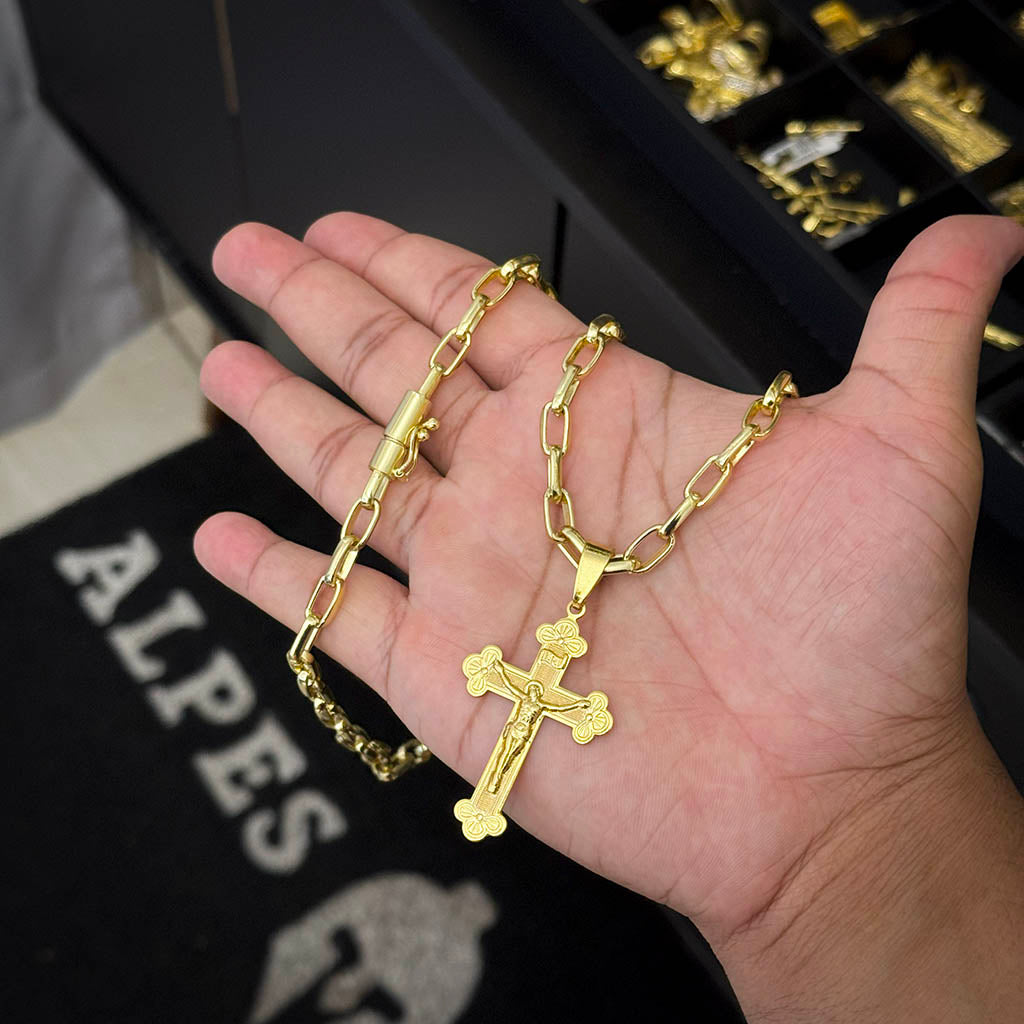 Corrente Meia Cana 6mm e Pingente Crucifixo Banhado a Ouro 18K