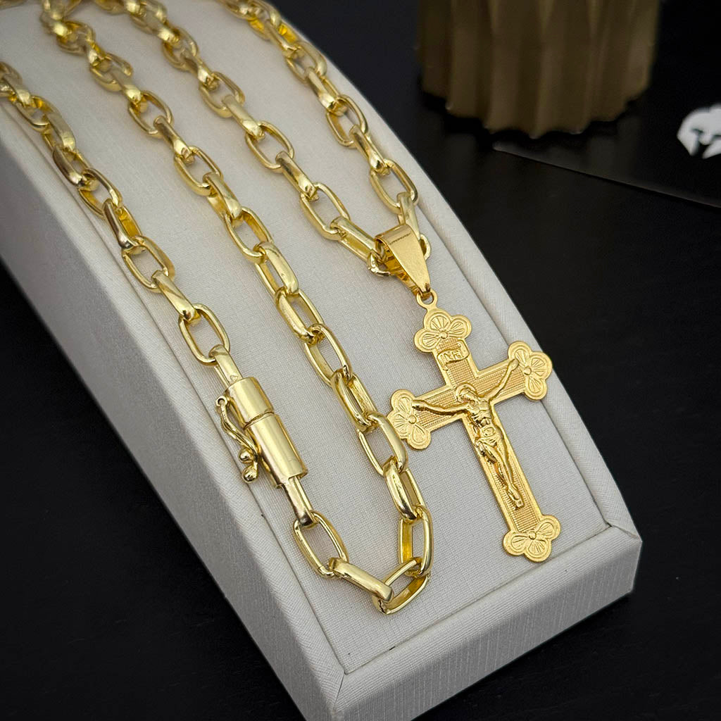 Corrente Meia Cana 6mm e Pingente Crucifixo Banhado a Ouro 18K