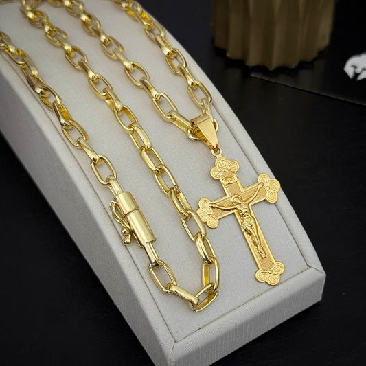 Corrente Meia Cana 6mm e Pingente Crucifixo Banhado a Ouro 18K