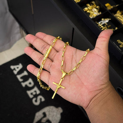 Corrente Meia Cana 6mm e Pingente Cruz Amarrada Banhado a Ouro 18K