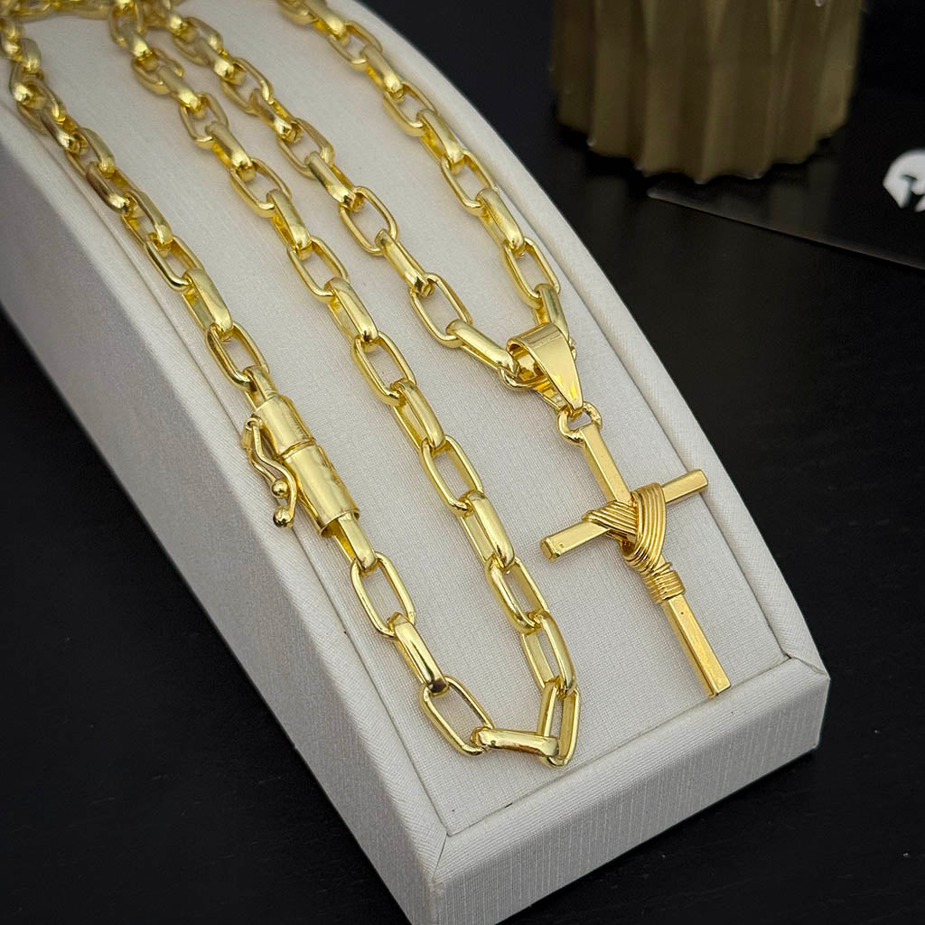 Corrente Meia Cana 6mm e Pingente Cruz Amarrada Banhado a Ouro 18K