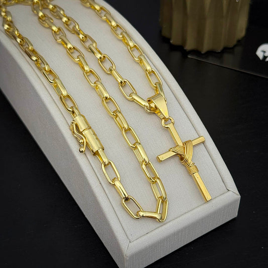 Corrente Meia Cana 6mm e Pingente Cruz Amarrada Banhado a Ouro 18K