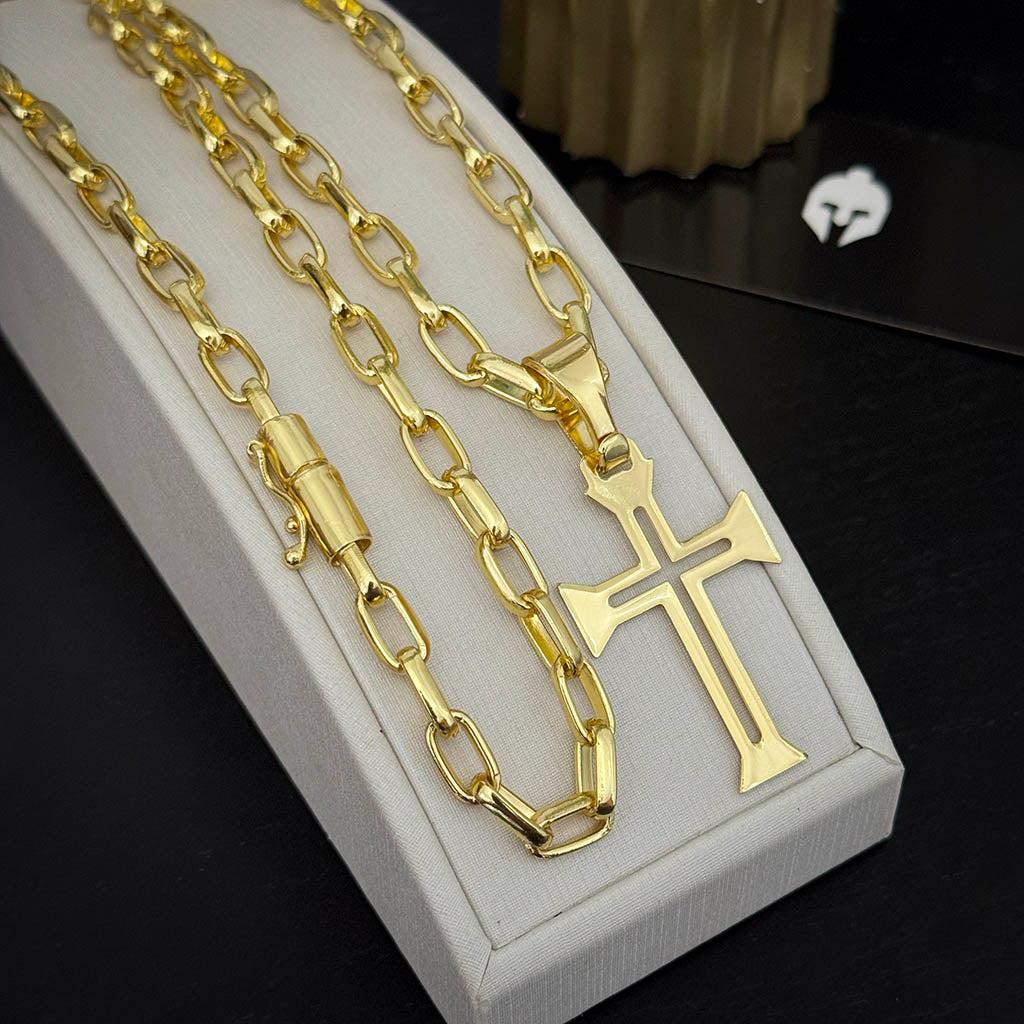 Corrente Meia Cana 6mm e Pingente Cruz Ponta Banhado a Ouro 18K