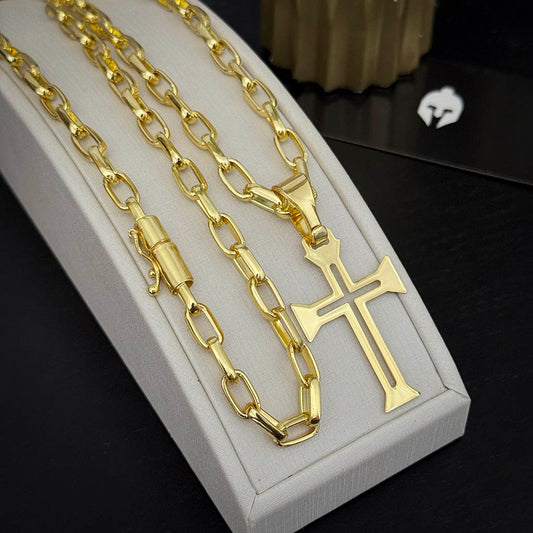 Corrente Meia Cana 6mm e Pingente Cruz Ponta Banhado a Ouro 18K