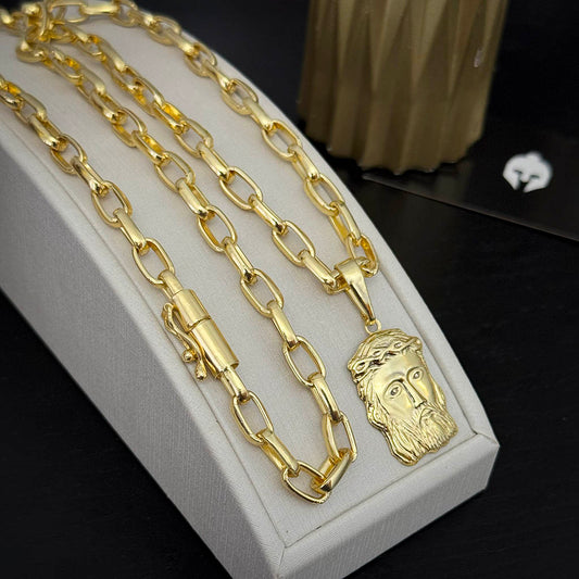Corrente Meia Cana 6mm e Pingente Face de Jesus Banhado a Ouro 18K