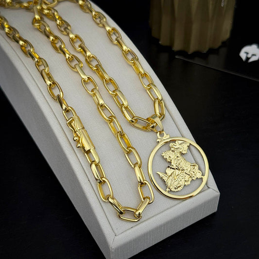 Corrente Meia Cana 6mm e Pingente Medalha São Jorge Banhado a Ouro 18K