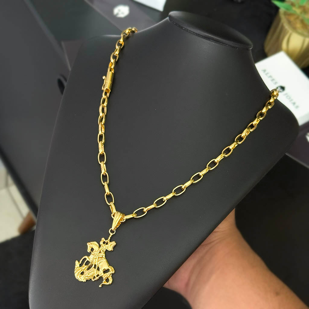 Corrente Meia Cana 6mm e Pingente São Jorge Banhada a Ouro 18K