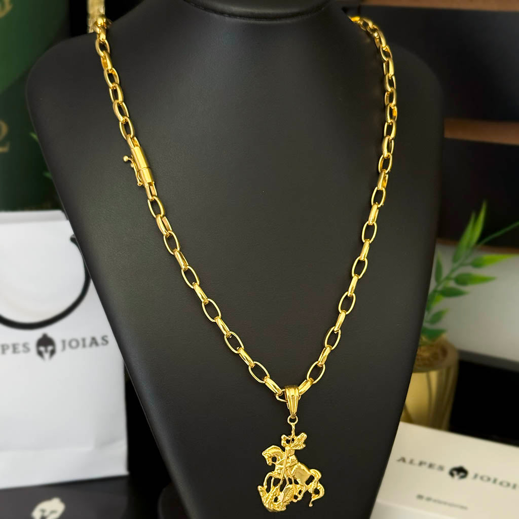 Corrente Meia Cana 6mm e Pingente São Jorge Banhada a Ouro 18K