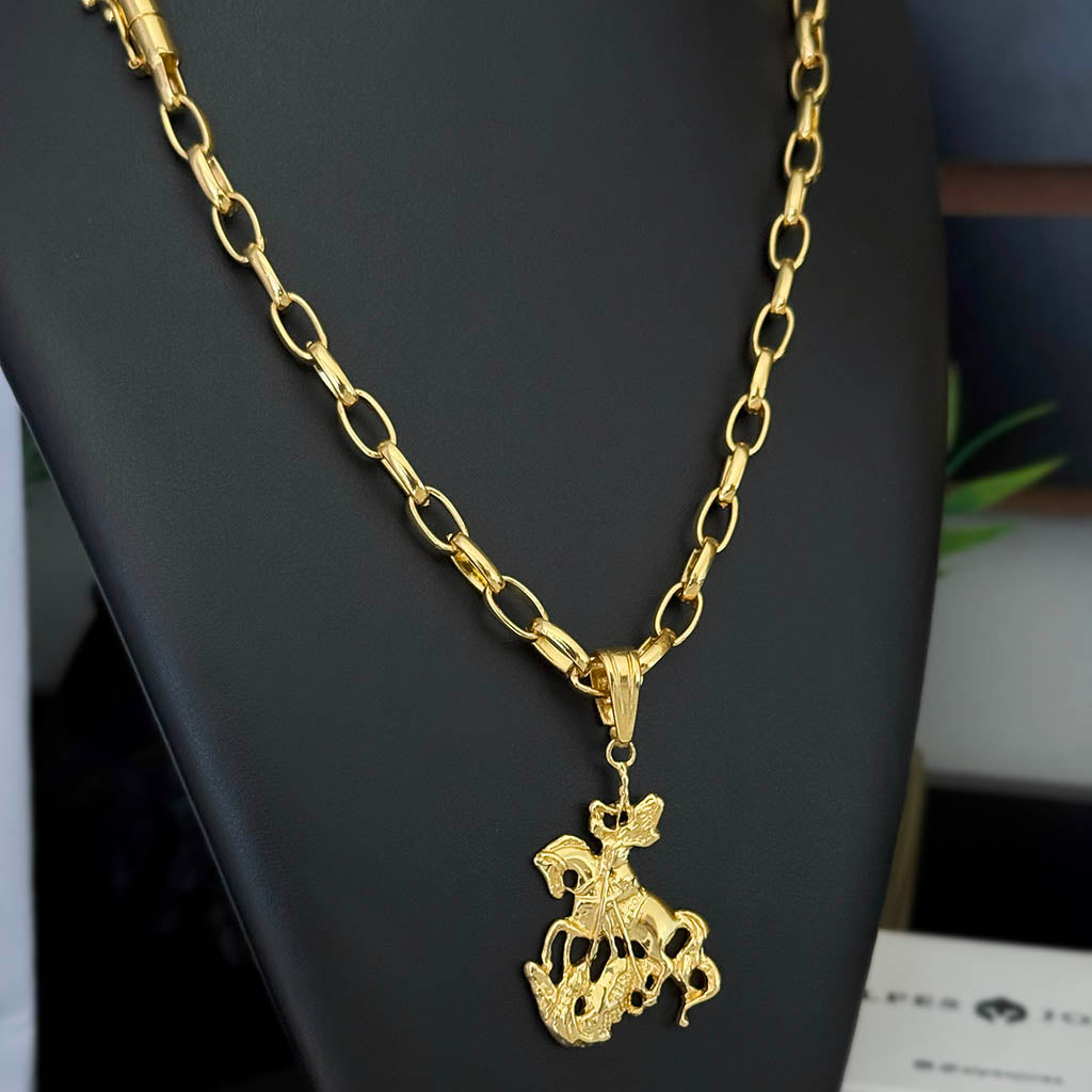 Corrente Meia Cana 6mm e Pingente São Jorge Banhada a Ouro 18K