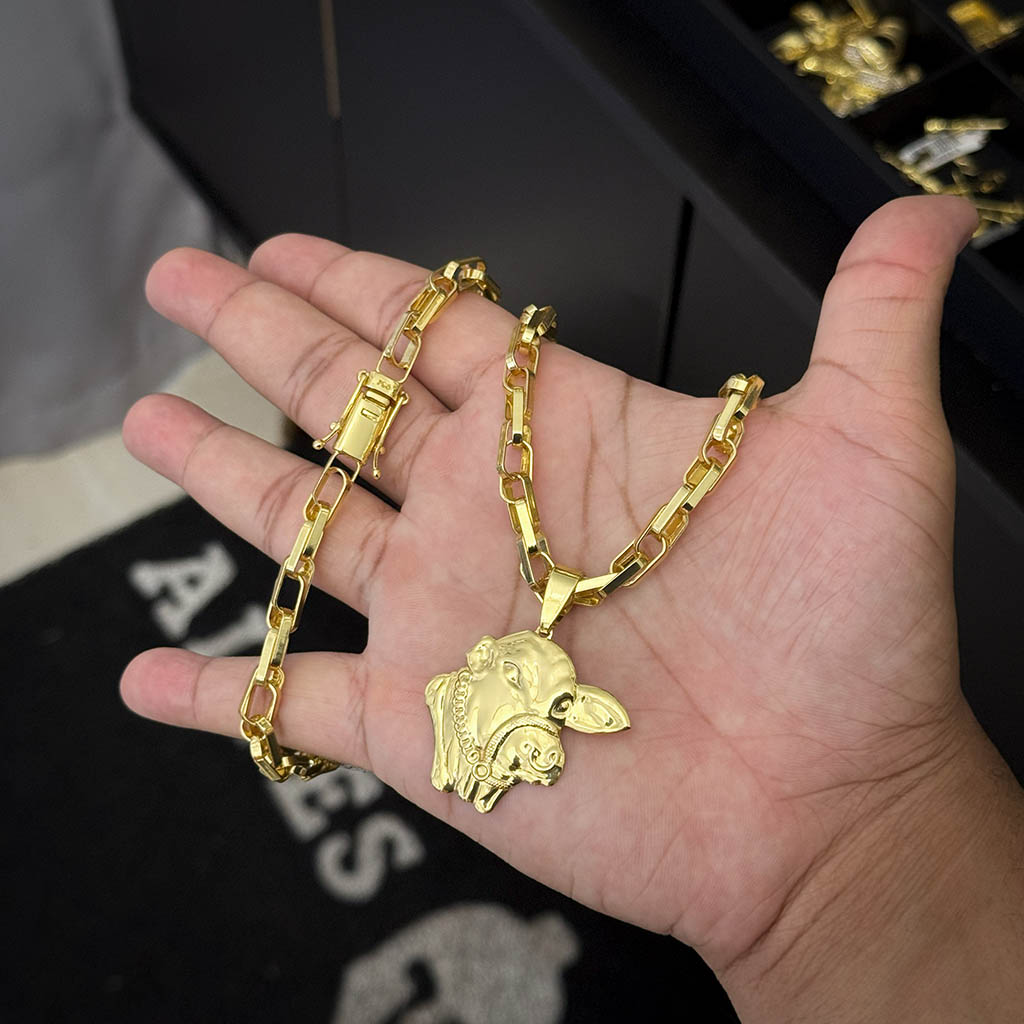 Corrente Meia Cana Dupla 6mm e Pingente Nelore Banhado a Ouro 18K