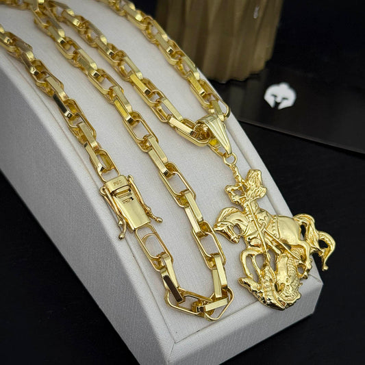 Corrente Meia Cana Dupla 6mm e Pingente São Jorge Banhado a Ouro 18K