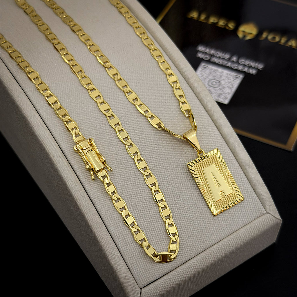 Corrente Piastrini 4mm e Pingente Letra Banhado a Ouro 18K
