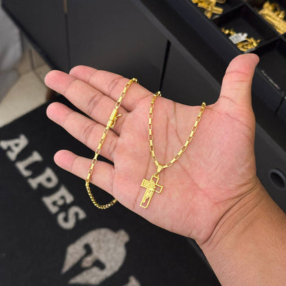 Corrente Tijolinho 4mm e Pingente Cruz Rosto de Cristo Banhado a Ouro 18K