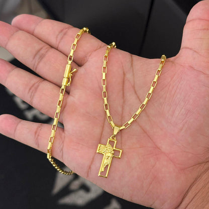 Corrente Tijolinho 4mm e Pingente Cruz Rosto de Cristo Banhado a Ouro 18K