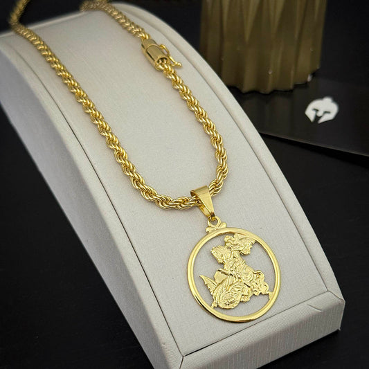 Corrente Baiana 5mm e Pingente Medalha São Jorge Banhado a Ouro 18K