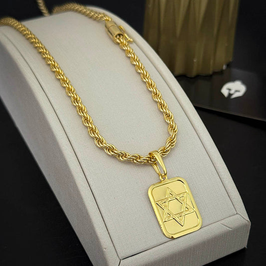 Corrente Baiana 5mm e Pingente Placa Estrela de Davi Banhado a Ouro 18K