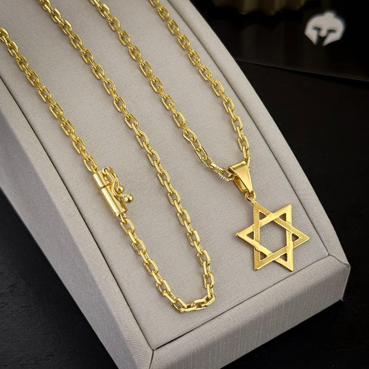 Corrente Cadeado 1mm e Pingente Estrela de Davi Vazada Banhado a Ouro 18K
