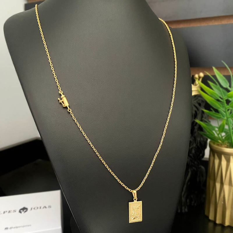 Corrente Cadeado 1mm e Pingente Placa São Jorge Banhado a Ouro 18K