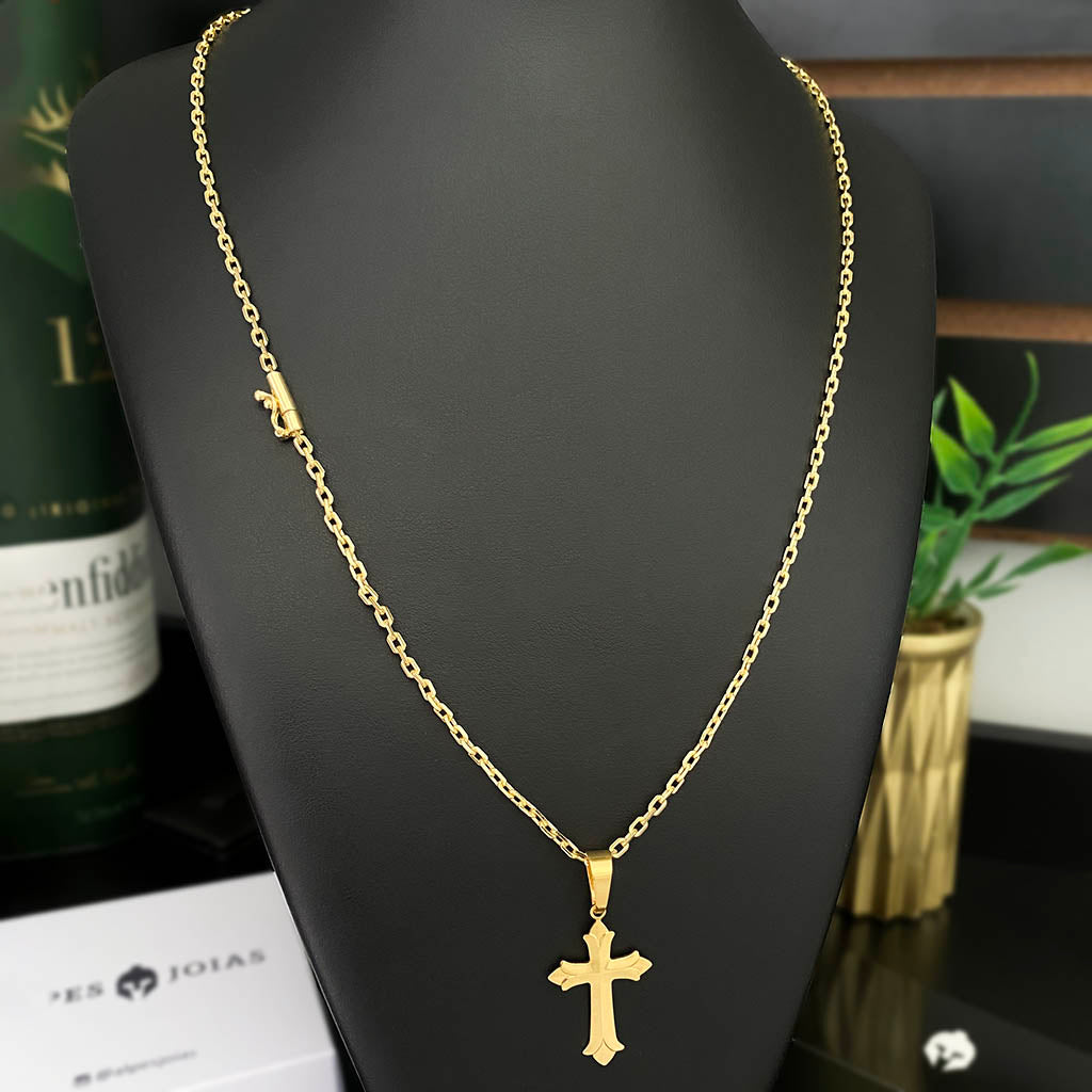 Corrente Cadeado 2mm e Pingente Cruz Ponta Aberta Banhado a Ouro 18K