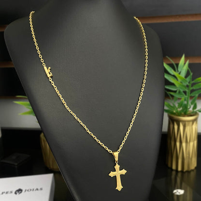 Corrente Cadeado 2mm e Pingente Cruz Relevo Banhado a Ouro 18K