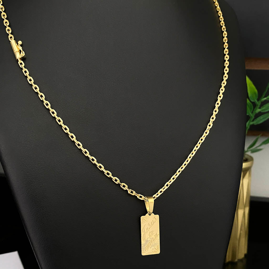 Corrente Cadeado 2mm e Pingente Jesus Te Ama Banhado a Ouro 18K