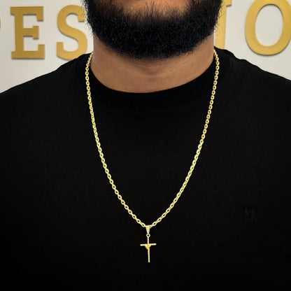 Corrente Cadeado 3mm e Pingente Cruz Palito Amarrada Banhada a Ouro 18K