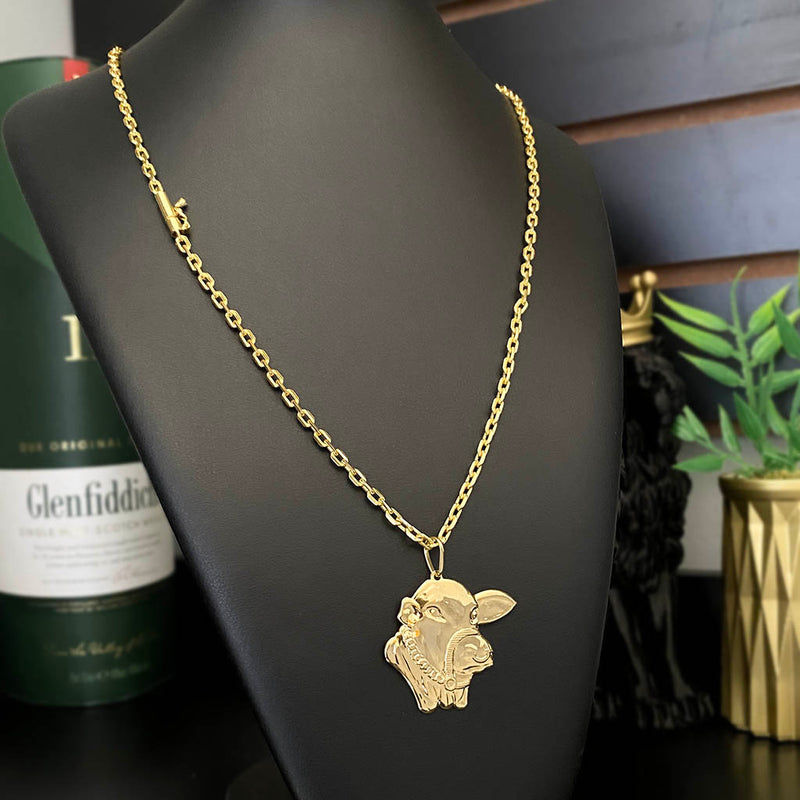 Corrente Cadeado 4mm e Pingente Boi Nelore Banhado a Ouro 18K