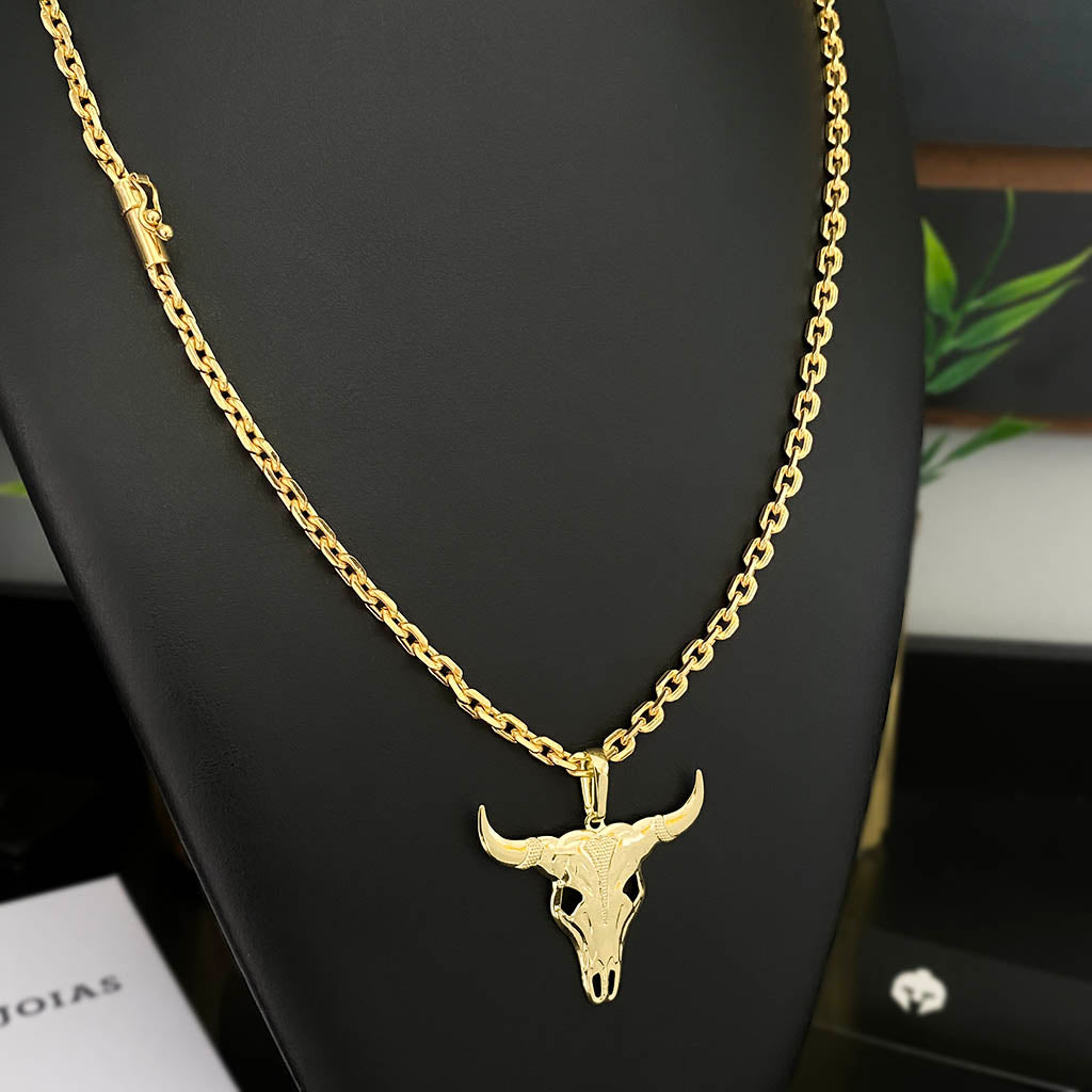 Corrente Cadeado 4mm e Pingente Cabeça de Boi Banhado a Ouro 18K