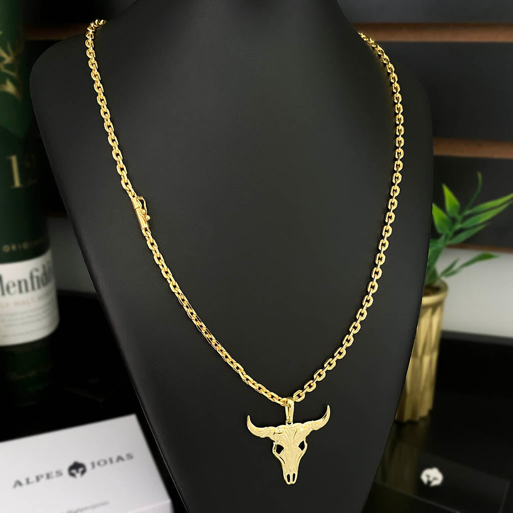 Corrente Cadeado 4mm e Pingente Cabeça de Boi Banhado a Ouro 18K