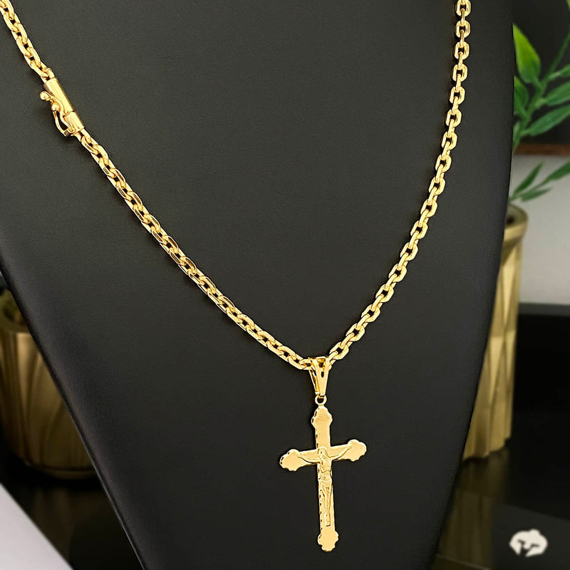 Corrente Cadeado 4mm e Pingente Crucifixo Borda Redonda Banhado a Ouro 18K
