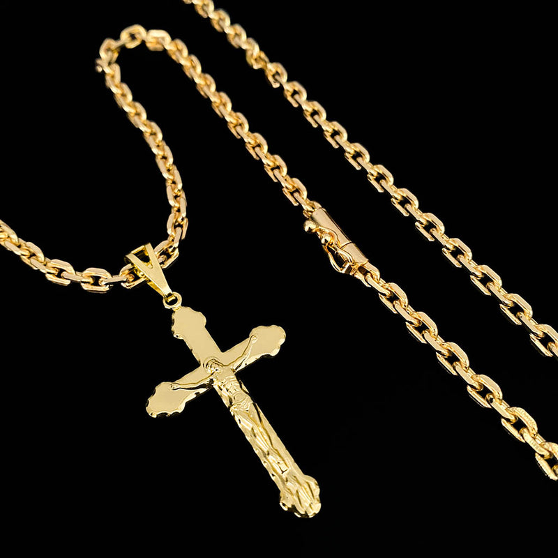 Corrente Cadeado 4mm e Pingente Crucifixo Borda Redonda Banhado a Ouro 18K