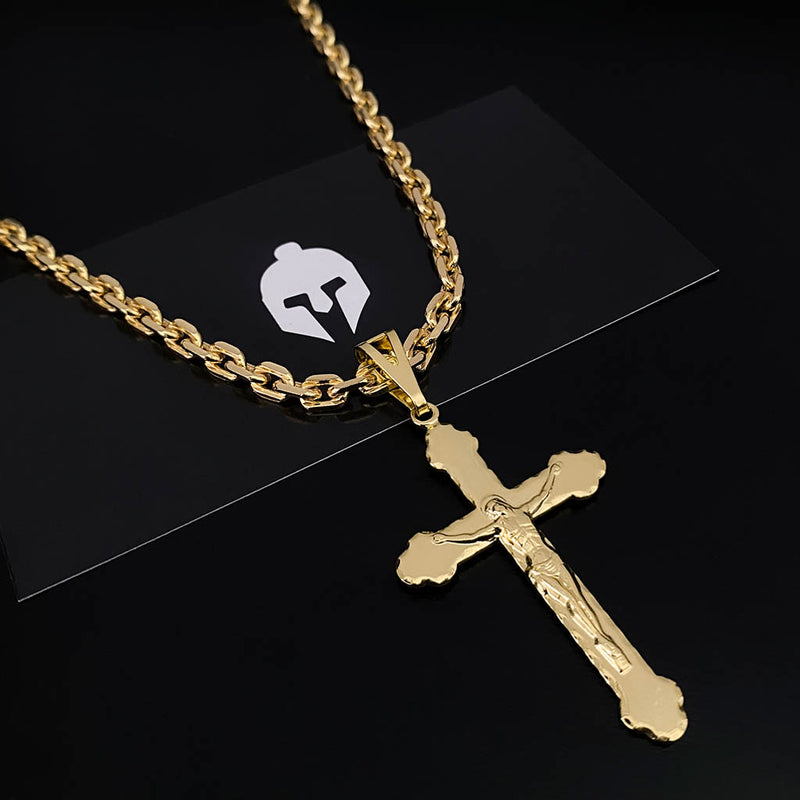 Corrente Cadeado 4mm e Pingente Crucifixo Borda Redonda Banhado a Ouro 18K