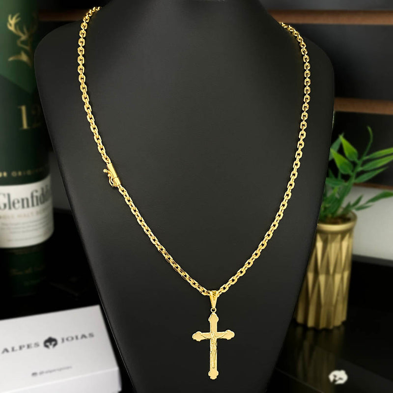 Corrente Cadeado 4mm e Pingente Crucifixo Borda Redonda Banhado a Ouro 18K