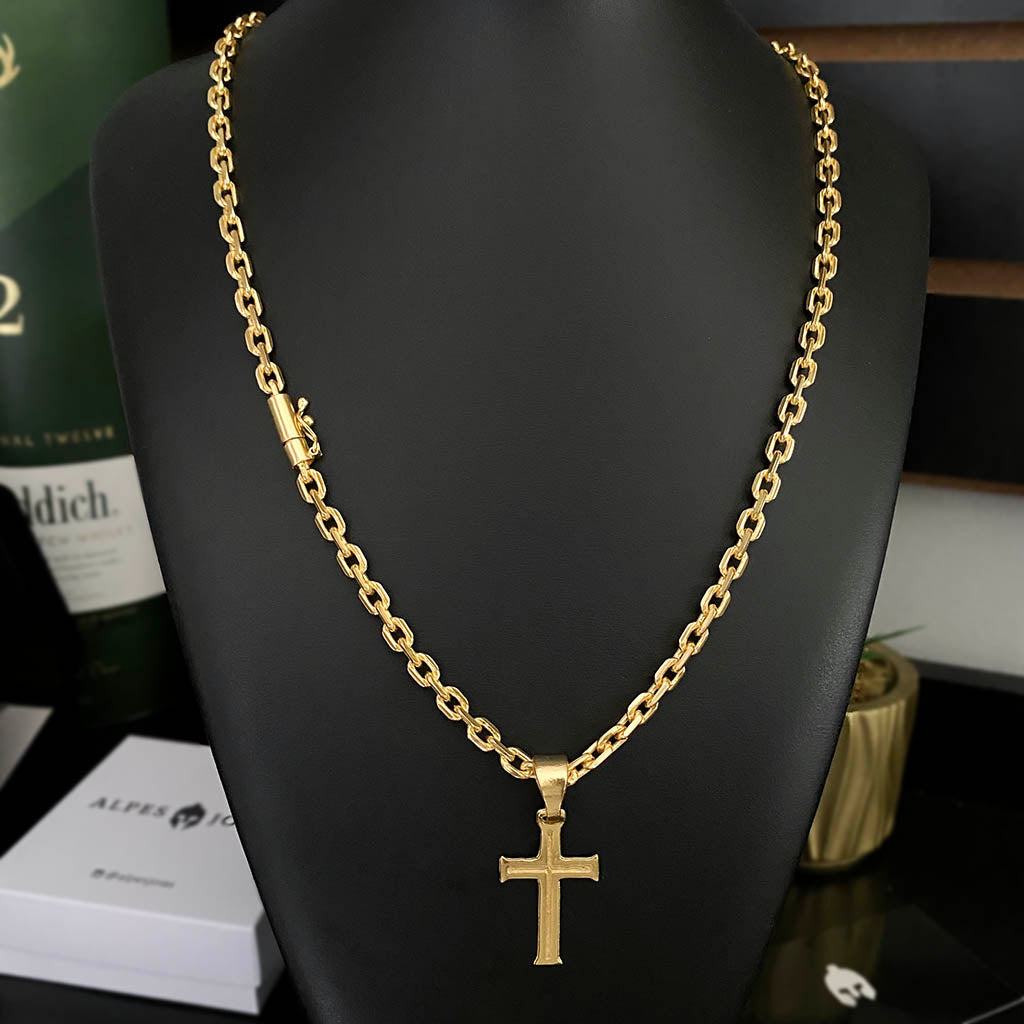 Kit Corrente e Pulseira Cadeado 5mm e Pingente Cruz Banhado a Ouro 18K
