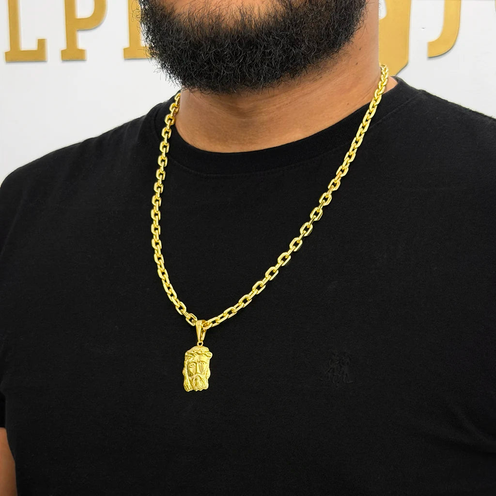 Corrente Cadeado 6mm e Pingente Face de Jesus Banhado a Ouro 18K