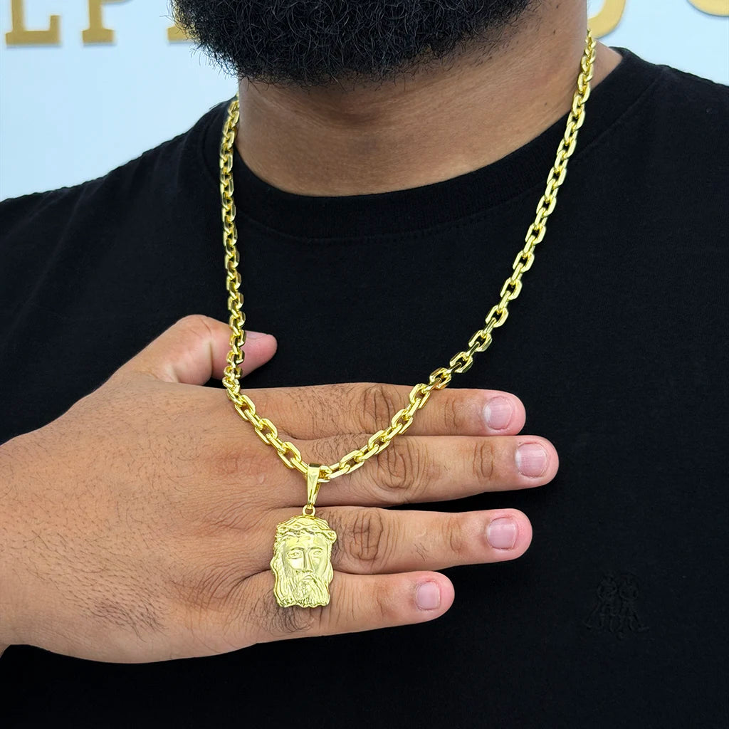 Corrente Cadeado 6mm e Pingente Face de Jesus Banhado a Ouro 18K