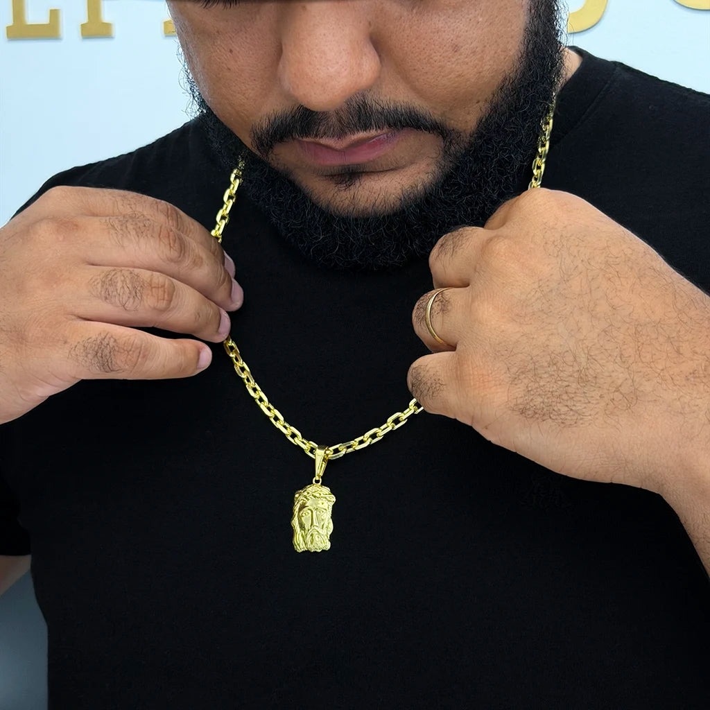 Corrente Cadeado 6mm e Pingente Face de Jesus Banhado a Ouro 18K